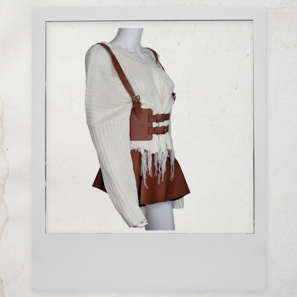 Leather Vintage Style Suspender Belt, Distressed Sweater, and Peplum Skirt - Picture 5 of 7
